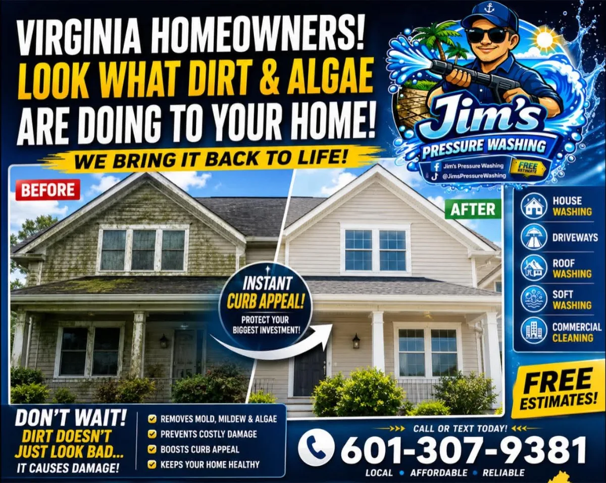 Before and after house washing on a two-storey Virginia home — heavy green algae removed from the siding