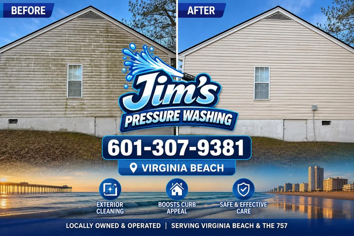 Before and after soft wash of a gable end, green algae growth removed from the vinyl siding