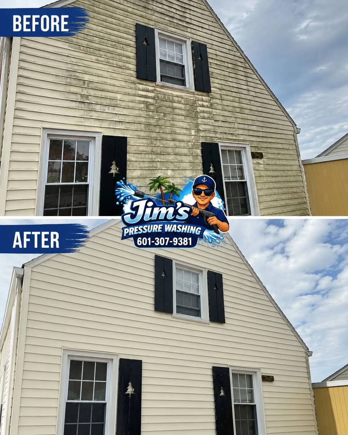Before and after soft wash of a home's vinyl siding, removing dark algae streaks