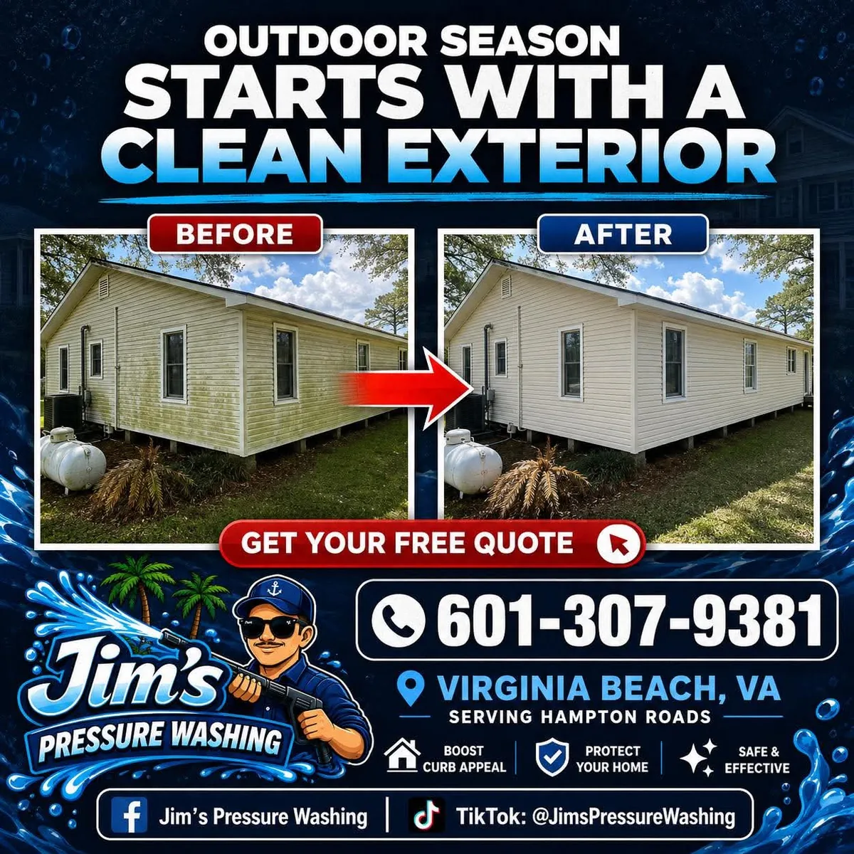 Before and after exterior cleaning of a single-storey home in Hampton Roads